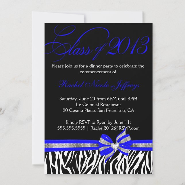 Black White Blue Zebra Graduation Invitation (Front)