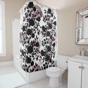 Black White Blush Pink Floral Toile Modern Shower Curtain