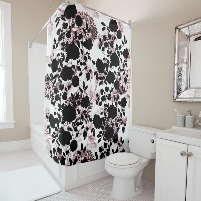 Black White Blush Pink Floral Toile Modern Shower Curtain (In Situ)