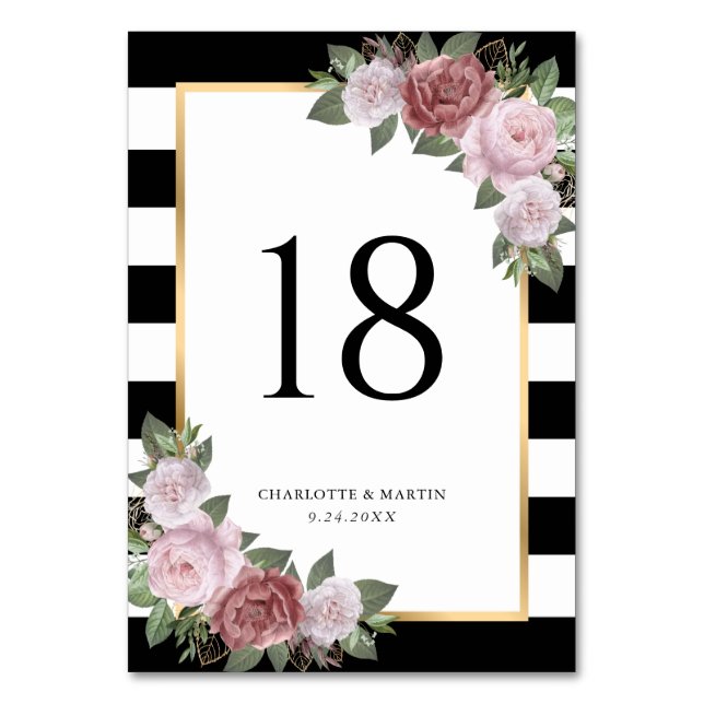 Black White Blush Pink Floral Wedding Table Number (Front)