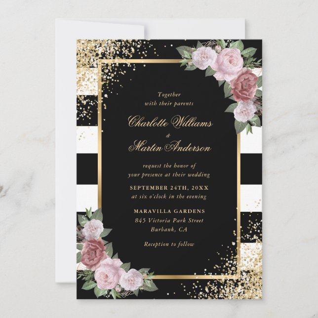 Black White Blush Pink Gold Confetti Wedding Invitation (Front)