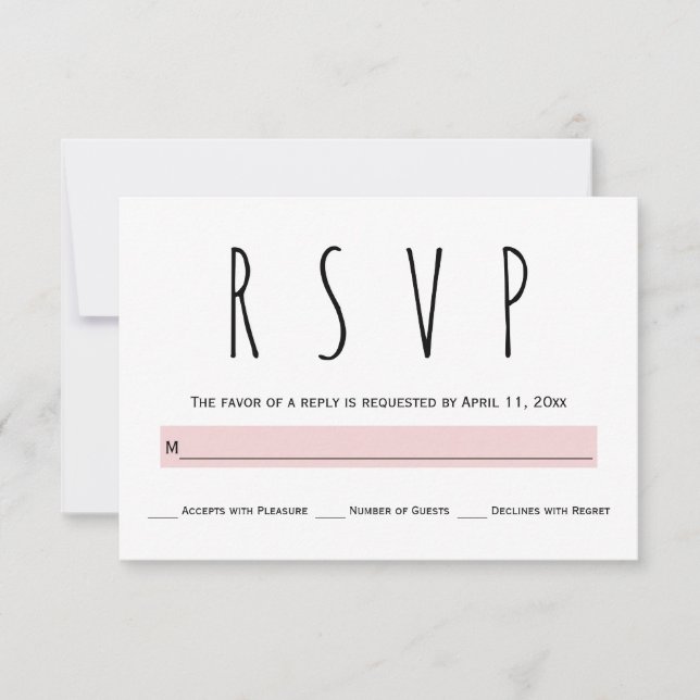 Black, white, blush pink typography wedding RSVP (Front)