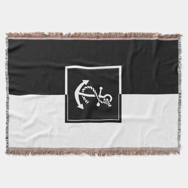 Black & White Boat Anchor Geometric Design Throw Blanket (Front)