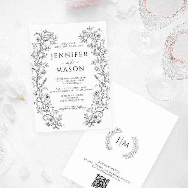 Black White Bohemian Floral French Wedding Invitation (Creator Uploaded)