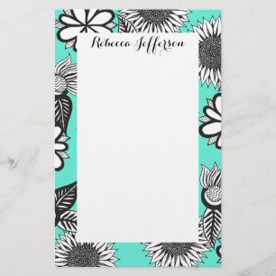 Black White Bohemian Hand Drawn Flowers on Teal Stationery