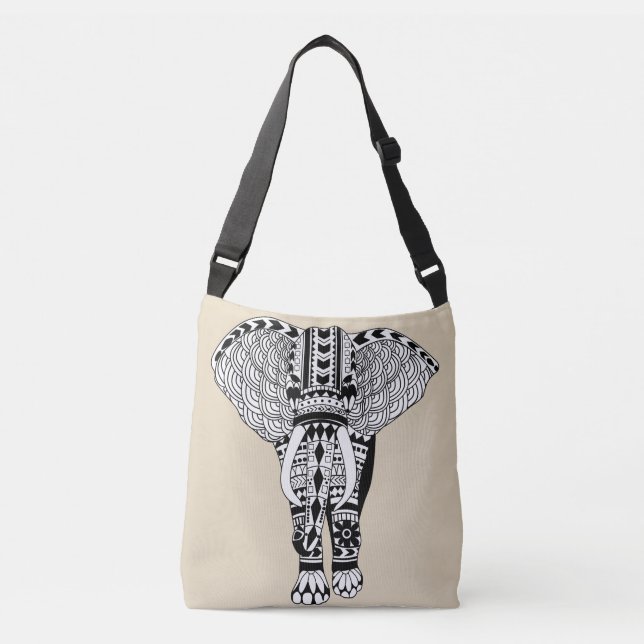 Black & White Bohemian Tribal Elephant Taupe Crossbody Bag (Front)