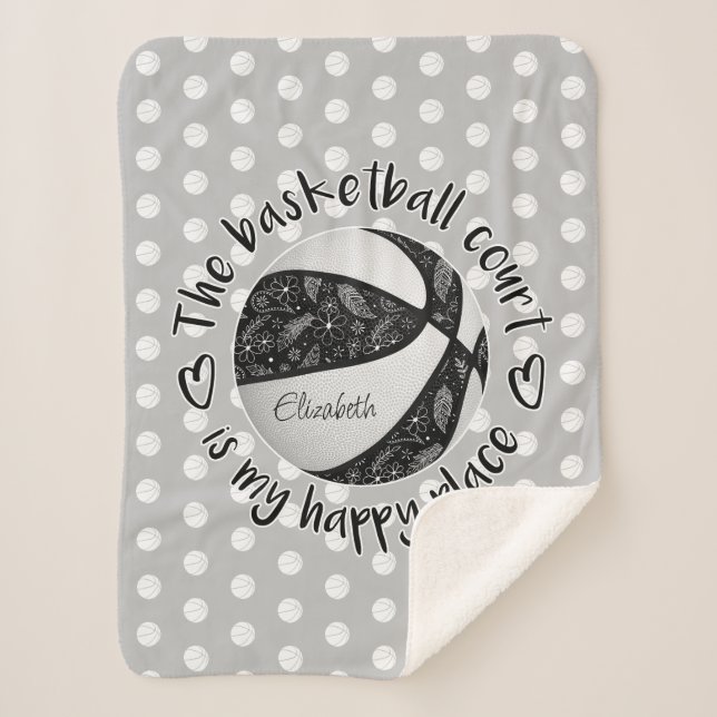 black white boho basketball court my happy place sherpa blanket (Front)