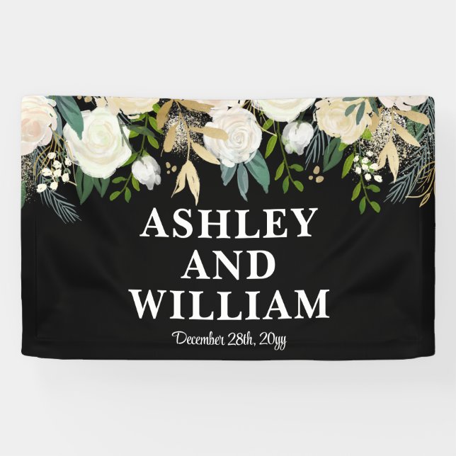 Black & White Boho Bohemian Chic Greenery Wedding Banner (Horizontal)