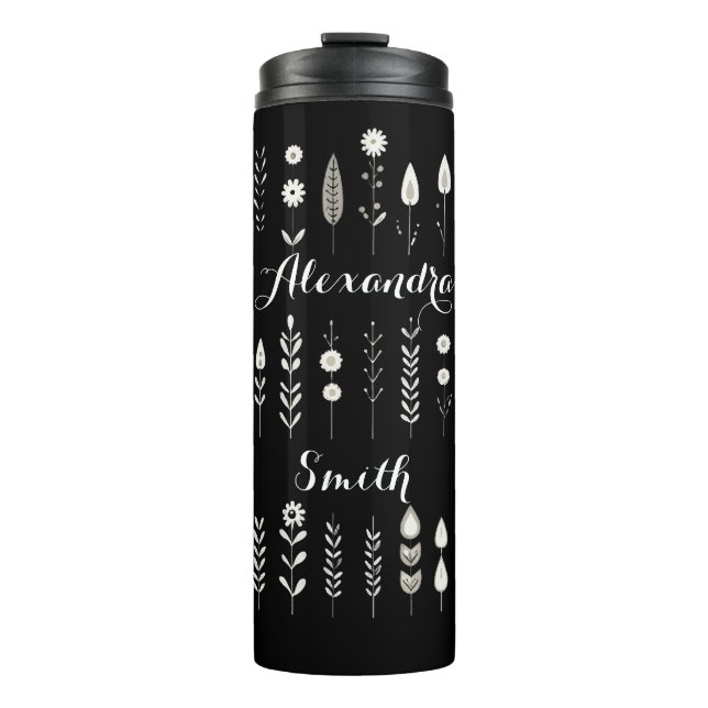 Black & White Boho Botanical Minimalistic Thermal Tumbler (Front)