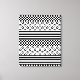 Black White Boho Check Floral Stripes Pattern Canvas Print
