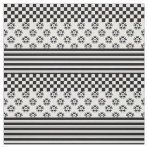 Black White Boho Check Floral Stripes Pattern Fabric