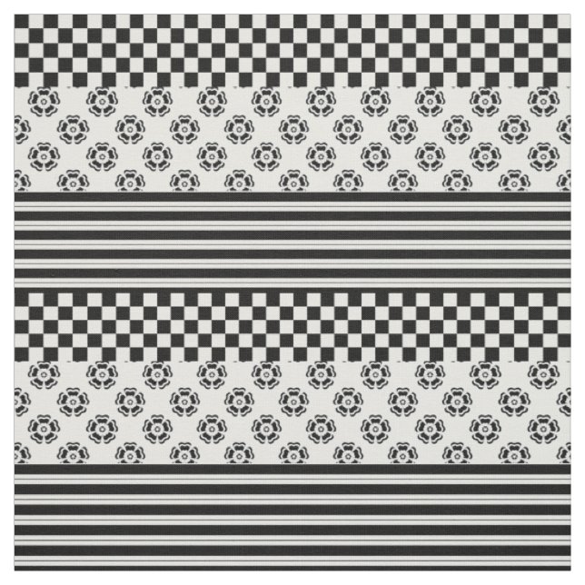Black White Boho Check Floral Stripes Pattern Fabric (Swatch)