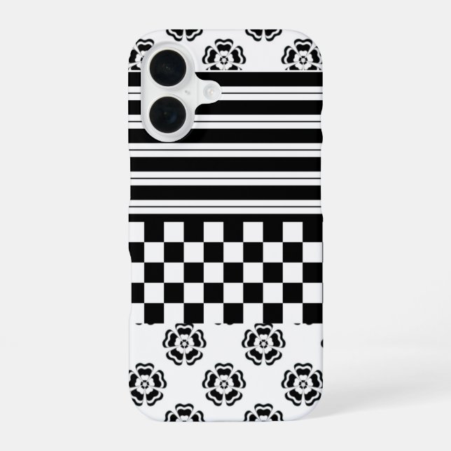 Black White Boho Check Floral Stripes Pattern iPhone 16 Case (Back)
