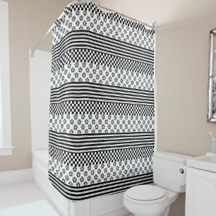 Black White Boho Check Floral Stripes Pattern Shower Curtain