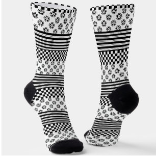 Black White Boho Check Floral Stripes Pattern Socks