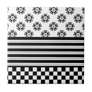Black White Boho Check Floral Stripes Pattern Tile