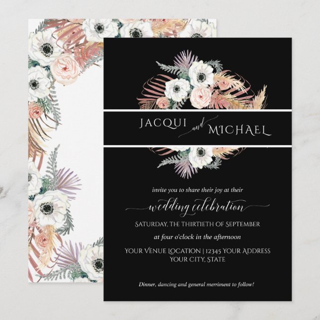 Black White Boho Floral Palm Foliage Pampas Grass Invitation (Front/Back)