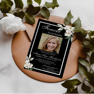 Black White Boho Greenery Funeral Memorial Service Invitation
