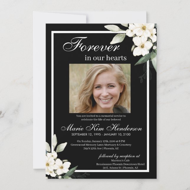 Black White Boho Greenery Funeral Memorial Service Invitation (Front)