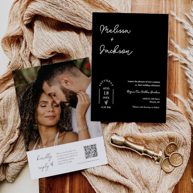 Black White Boho Minimalist Wedding QR Code Photo Invitation (Creator Uploaded)