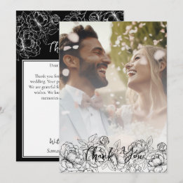 Black White Boho Modern Floral Elegant Photo Thank You Card