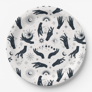 Black white Boho Moon mystical hand  Paper Plate