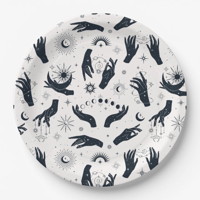 Black white Boho Moon mystical hand  Paper Plate (Front)