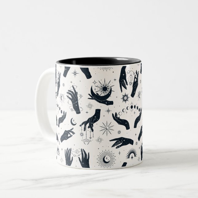 Black white Boho Moon mystical hand  Two-Tone Coffee Mug (Front Left)