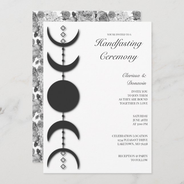 Black & White Boho Moon Phase Handfasting Invitation (Front/Back)