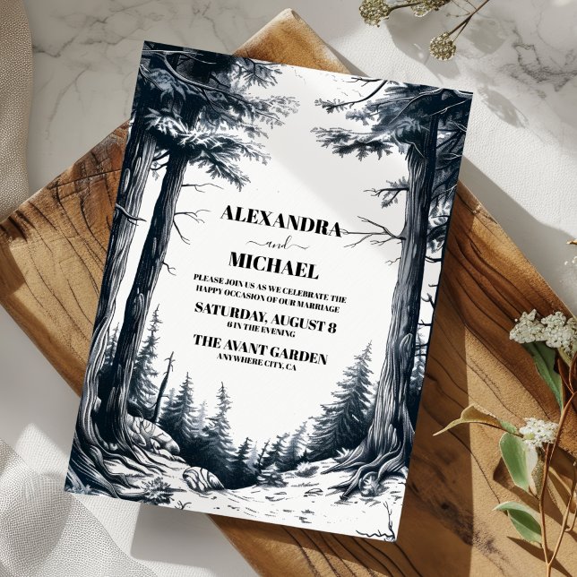 Black White Boho Mountain Forest Wedding Invitation (Creator Uploaded)