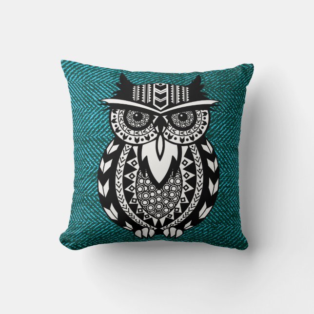 Black White Boho Owl Geometric Teal Herringbone Cushion (Front)