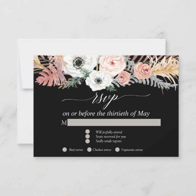 Black White Boho Pampas Grass Tropical Floral RSVP Card (Front)