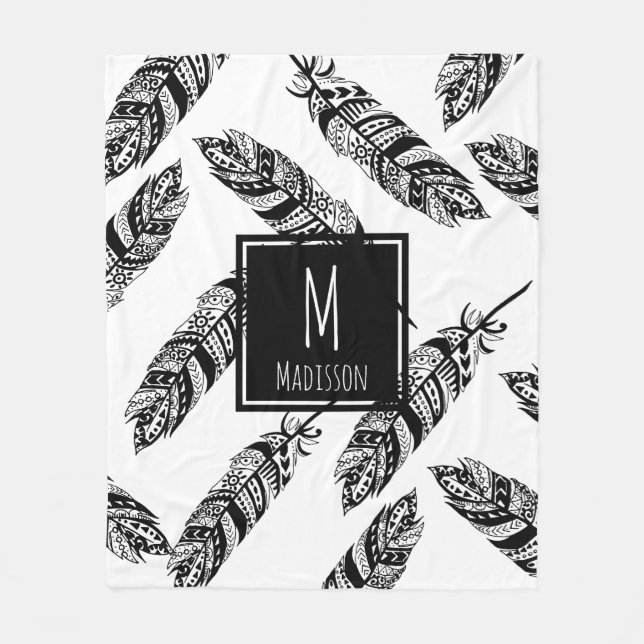 Black & White Boho Tribal Feathers - Personalised Fleece Blanket (Front)