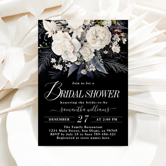 Black & White Boho Winter Wildflower Bridal Shower Invitation (Creator Uploaded)