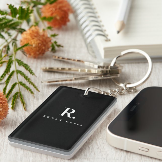 Black White Bold Dot Monogram Modern Minimalist Key Ring (Front Right)