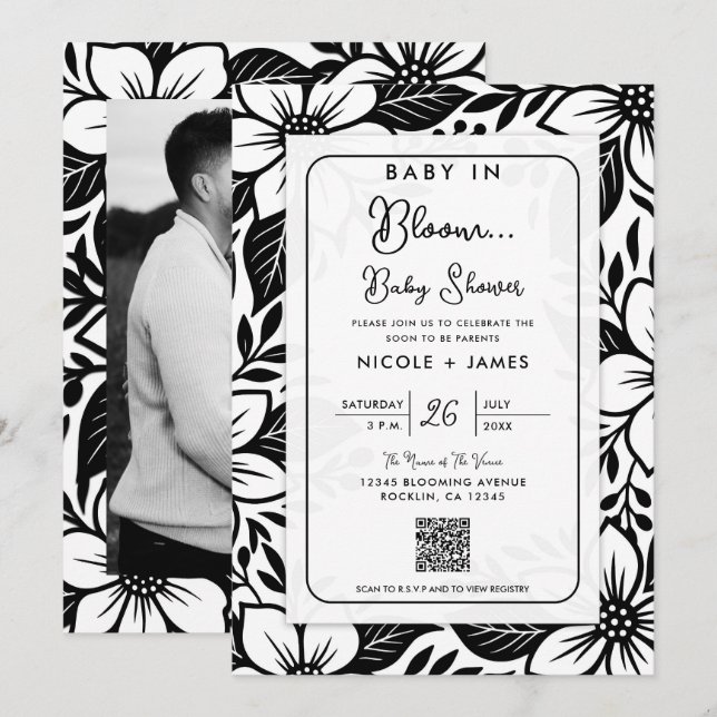 Black & White Bold Floral Bloom Baby Shower Invitation (Front/Back)
