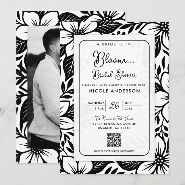 Black & White Bold Floral Bloom Bridal Shower Invitation (Front/Back)