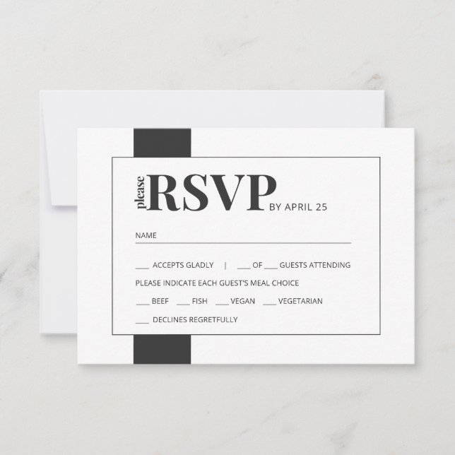 Black white bold minimal wedding RSVP meal choice Card (Front)