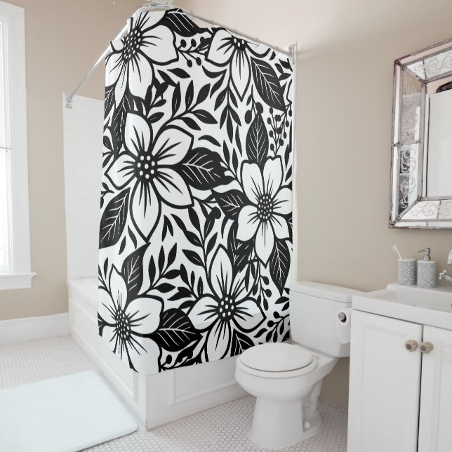 Black & White Bold Modern Floral Bloom  Shower Curtain (In Situ)