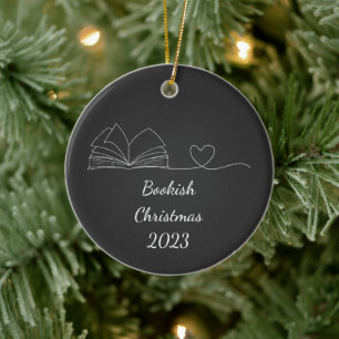 Black & White Book Lover Line Art, Dark Ceramic Tree Decoration