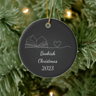Black & White Book Lover Line Art, Dark Ceramic Tree Decoration