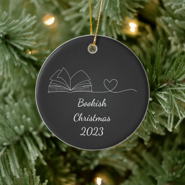 Black & White Book Lover Line Art, Dark Ceramic Tree Decoration (Tree)