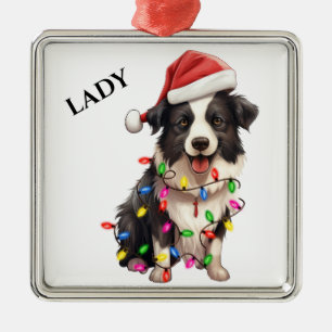 BLACK WHITE BORDER COLLIE CHRISTMAS LIGHTS METAL TREE DECORATION