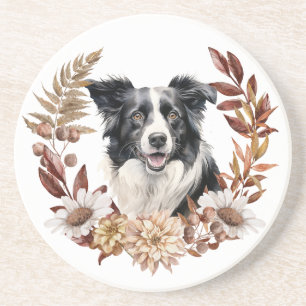 Black White Border Collie Dog Autumn Wreath Coaster