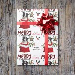 Black White Border Collie Puppy Christmas Gift Bag Wrapping Paper<br><div class="desc">The repeated pattern on this cute Christmas wrapping paper is an image of an adorable black and white Border Collie puppy peeking out from a Holiday gift bag. Behind him is a sprig of holly and red berries. A red and black bullfinch bird is about to land. Stylised red and...</div>