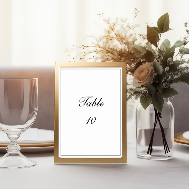 Black White Border Script Minimalist Wedding  Table Number (Black White Script  Wedding Table number cards. Elegant Classic Traditional Formal)