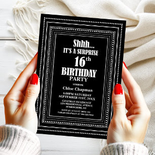 Black White Border Surprise 16th Birthday Party Invitation
