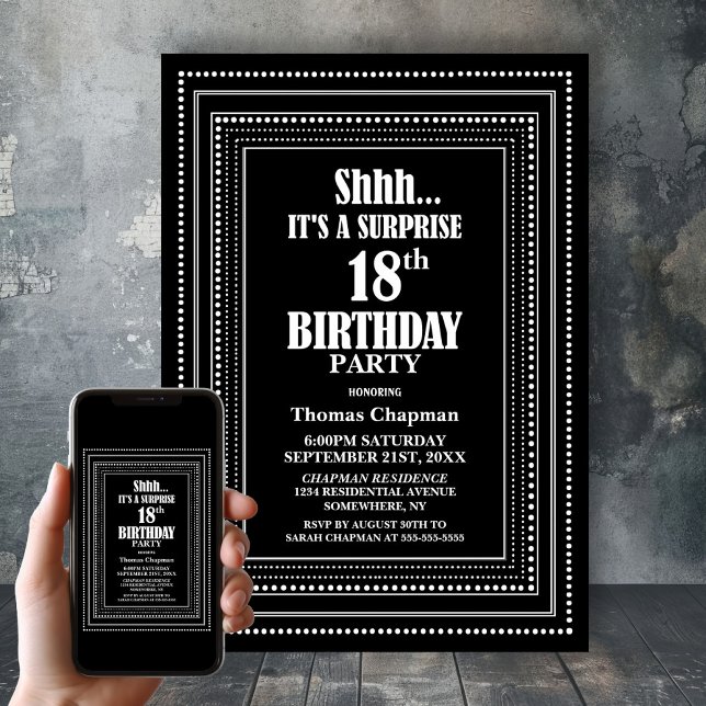 Black White Border Surprise 18th Birthday Party Invitation (Creator Uploaded)