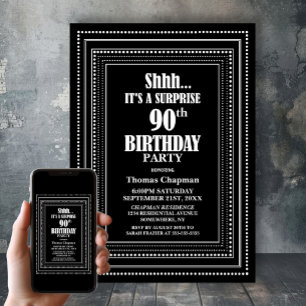 Black White Border Surprise 90th Birthday Party Invitation