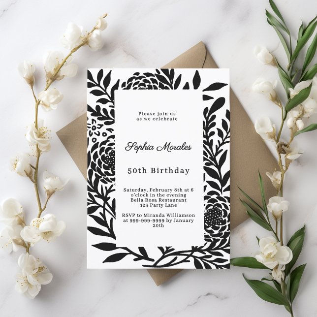 Black white botanical birthday invitation (Creator Uploaded)